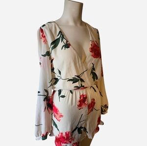 Emory Park Romantic Floral Cottagecore Romper Cream Red Roses Size Large